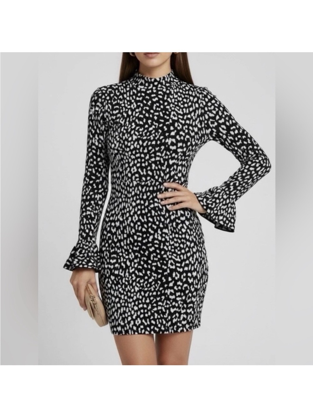 Michael Kors Black and White Printed Long Sleeve Mini Dress